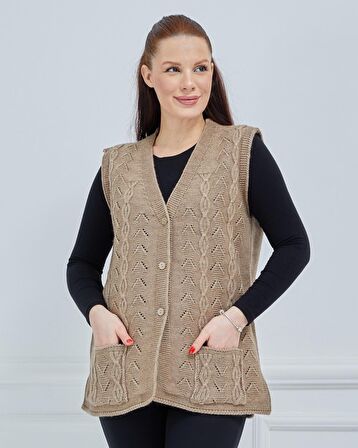 Kadın V Yaka Zincir Örgü Cepli Yün Anne Triko Yelek