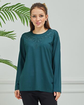 Kadın İşlemeli Anne Günlük Orta Yaş Penye Bluz