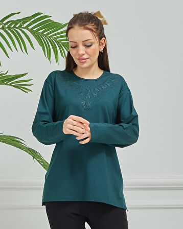 Kadın İşlemeli Anne Günlük Orta Yaş Penye Bluz