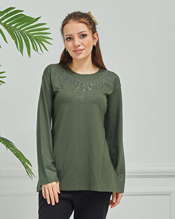 Kadın İşlemeli Anne Günlük Orta Yaş Penye Bluz