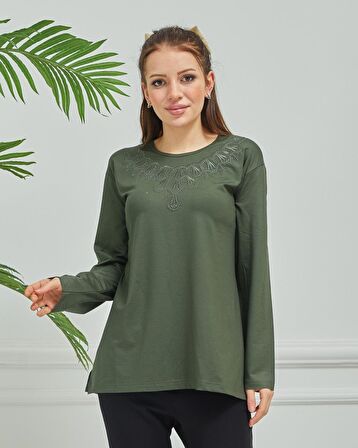 Kadın İşlemeli Anne Günlük Orta Yaş Penye Bluz