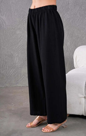 Kadın Keten Beli Lastikli Rahat Bol Paça Pantalon