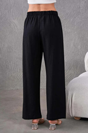 Kadın Keten Beli Lastikli Rahat Bol Paça Pantalon