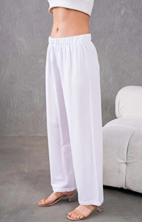 Kadın Keten Beli Lastikli Rahat Bol Paça Pantalon