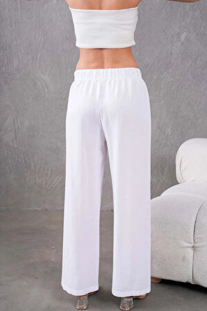 Kadın Keten Beli Lastikli Rahat Bol Paça Pantalon