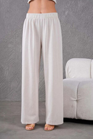 Kadın Keten Beli Lastikli Rahat Bol Paça Pantalon
