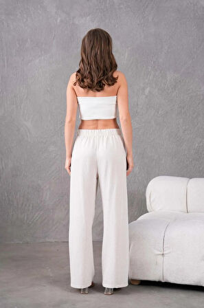 Kadın Keten Beli Lastikli Rahat Bol Paça Pantalon
