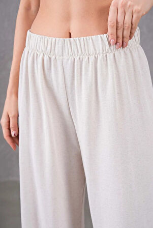 Kadın Keten Beli Lastikli Rahat Bol Paça Pantalon
