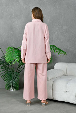 Kadın Nakış İşlemeli Keten Oversize Düğmeli Gömlek