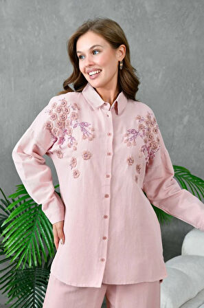 Kadın Nakış İşlemeli Keten Oversize Düğmeli Gömlek