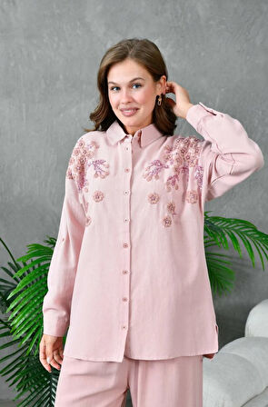 Kadın Nakış İşlemeli Keten Oversize Düğmeli Gömlek