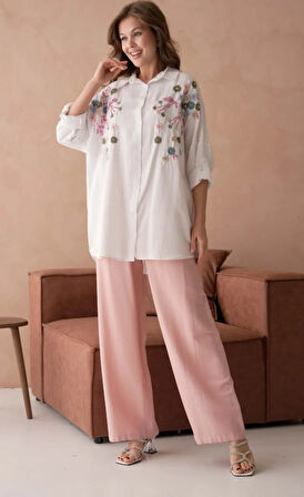 Kadın Nakış İşlemeli Keten Oversize Düğmeli Gömlek