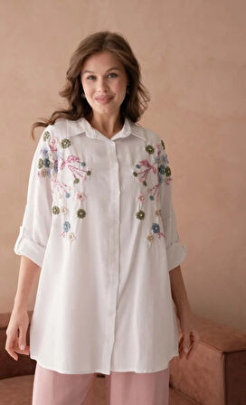 Kadın Nakış İşlemeli Keten Oversize Düğmeli Gömlek