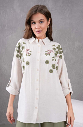 Kadın Nakış İşlemeli Keten Oversize Düğmeli Gömlek