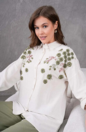 Kadın Nakış İşlemeli Keten Oversize Düğmeli Gömlek