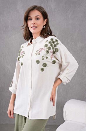 Kadın Nakış İşlemeli Keten Oversize Düğmeli Gömlek
