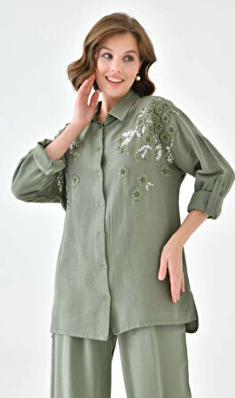 Kadın Nakış İşlemeli Keten Oversize Düğmeli Gömlek