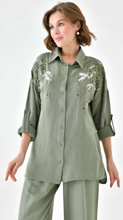 Kadın Nakış İşlemeli Keten Oversize Düğmeli Gömlek