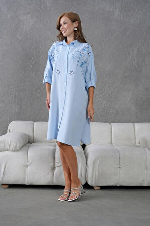 Kadın Uzun Nakış İşlemeli Keten Oversize Düğmeli Gömlek