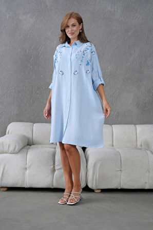 Kadın Uzun Nakış İşlemeli Keten Oversize Düğmeli Gömlek