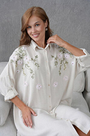 Kadın Uzun Nakış İşlemeli Keten Oversize Düğmeli Gömlek