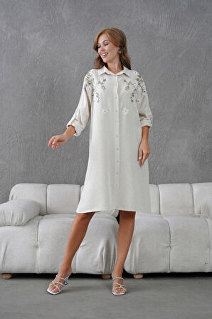 Kadın Uzun Nakış İşlemeli Keten Oversize Düğmeli Gömlek