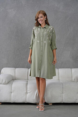 Kadın Uzun Nakış İşlemeli Keten Oversize Düğmeli Gömlek