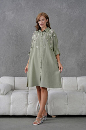 Kadın Uzun Nakış İşlemeli Keten Oversize Düğmeli Gömlek