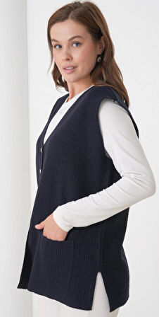 Kadın Anne Büyük Beden Fitilli Yün Triko Yelek