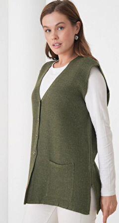 Kadın Anne Büyük Beden Fitilli Yün Triko Yelek