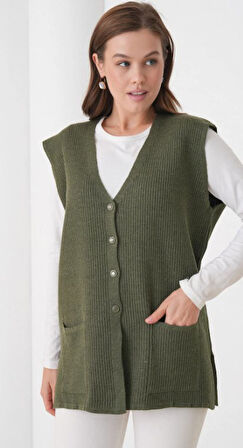 Kadın Anne Büyük Beden Fitilli Yün Triko Yelek