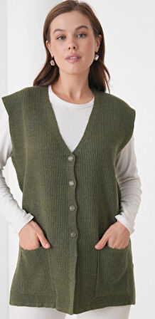 Kadın Anne Büyük Beden Fitilli Yün Triko Yelek