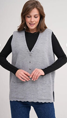 Kadın Anne Büyük Beden Triko Düz Model Yelek