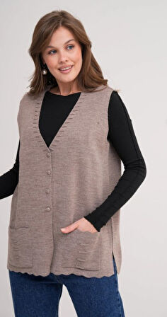 Kadın Anne Büyük Beden Triko Düz Model Yelek