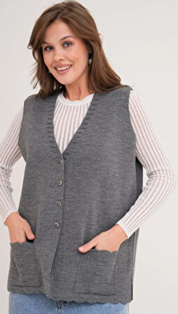 Kadın Anne Büyük Beden Triko Düz Model Yelek