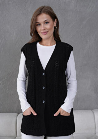 Kadın Triko Ajurlu Cep Detaylı Yün Yelek