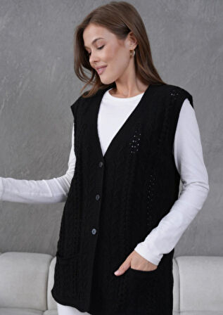 Kadın Triko Ajurlu Cep Detaylı Yün Yelek