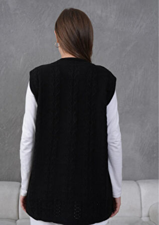 Kadın Triko Ajurlu Cep Detaylı Yün Yelek