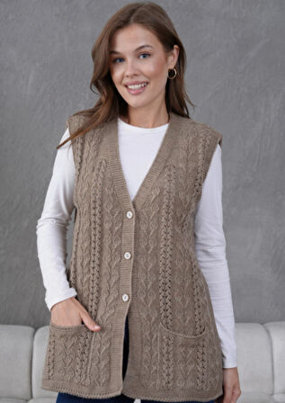 Kadın Triko Ajurlu Cep Detaylı Yün Yelek