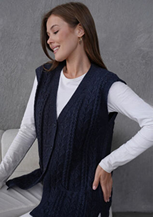 Kadın Triko Ajurlu Cep Detaylı Yün Yelek