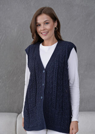 Kadın Triko Ajurlu Cep Detaylı Yün Yelek