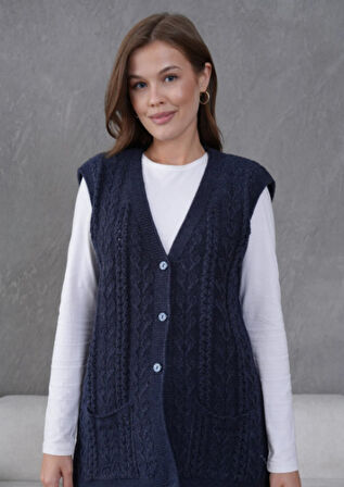 Kadın Triko Ajurlu Cep Detaylı Yün Yelek