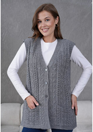 Kadın Triko Ajurlu Cep Detaylı Yün Yelek