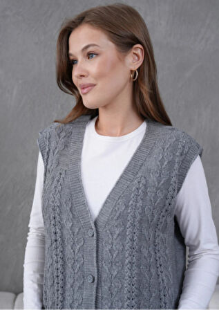 Kadın Triko Ajurlu Cep Detaylı Yün Yelek