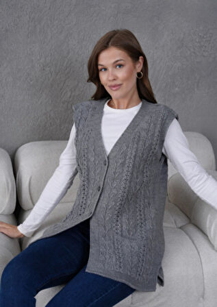 Kadın Triko Ajurlu Cep Detaylı Yün Yelek