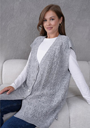 Kadın Triko Ajurlu Cep Detaylı Yün Yelek