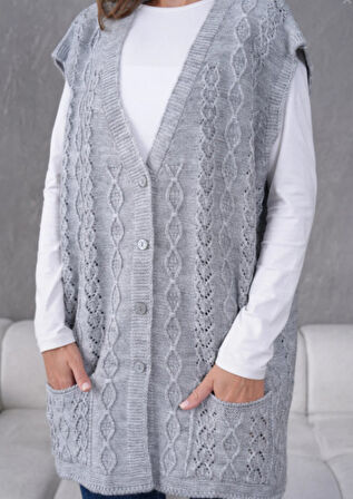 Kadın Triko Ajurlu Cep Detaylı Yün Yelek