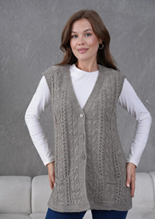 Kadın Triko Ajurlu Cep Detaylı Yün Yelek