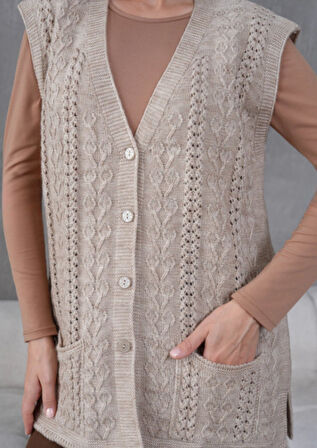 Kadın Triko Ajurlu Cep Detaylı Yün Yelek