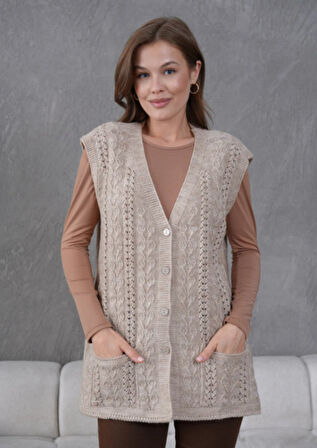 Kadın Triko Ajurlu Cep Detaylı Yün Yelek